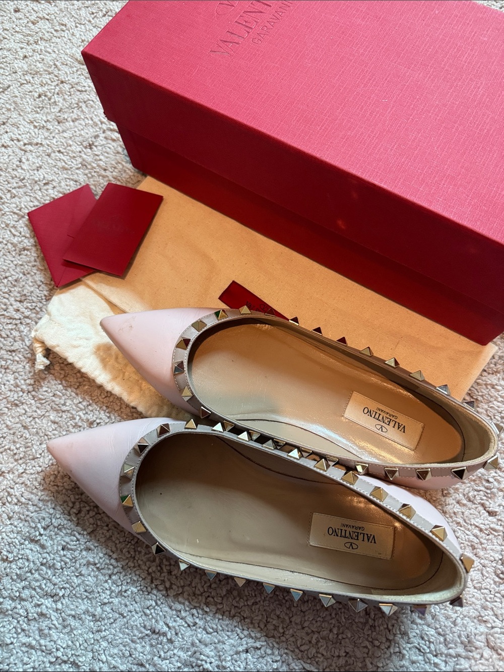 Valentino Pink Leather Rockstud Pointed Flats